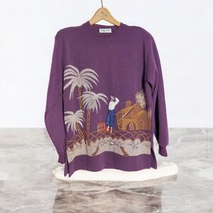 Ornate Tropical Vacation Scene Purple Sweater w Satin Accents Sz L